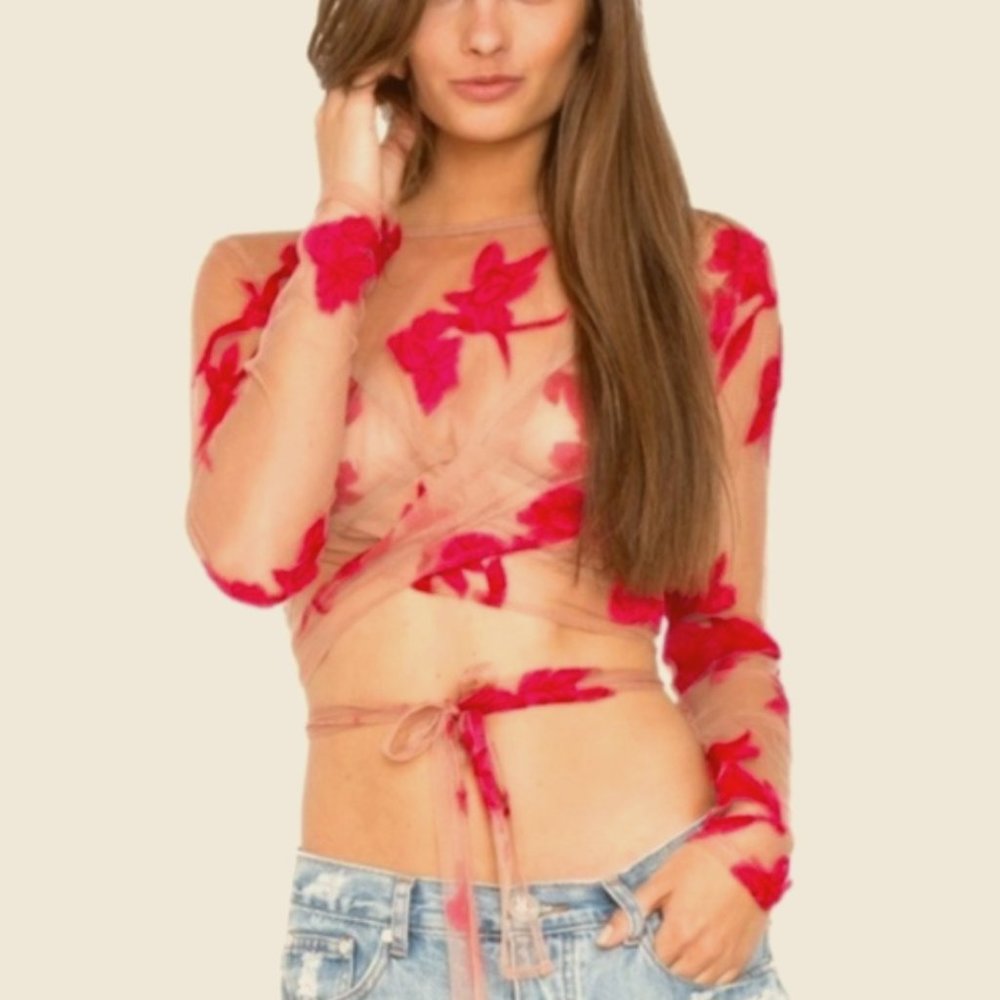 For Love & Lemons Embroidered Orchid Mesh Wrap Top